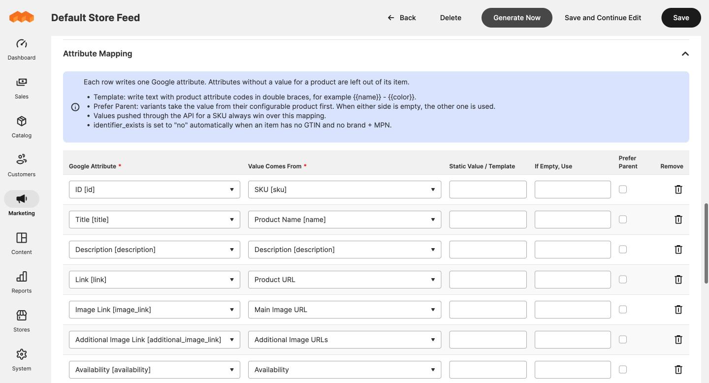 The attribute mapping editor on the feed form
