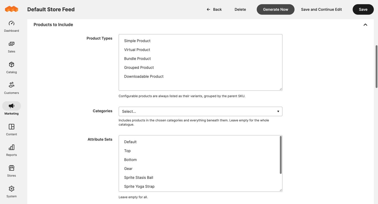 Products to include section of the feed form
