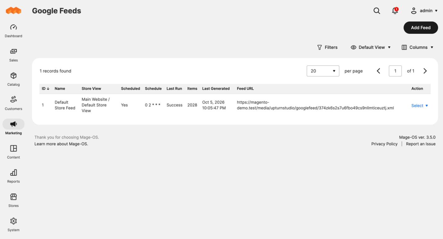 The Google Feeds grid in the Magento admin