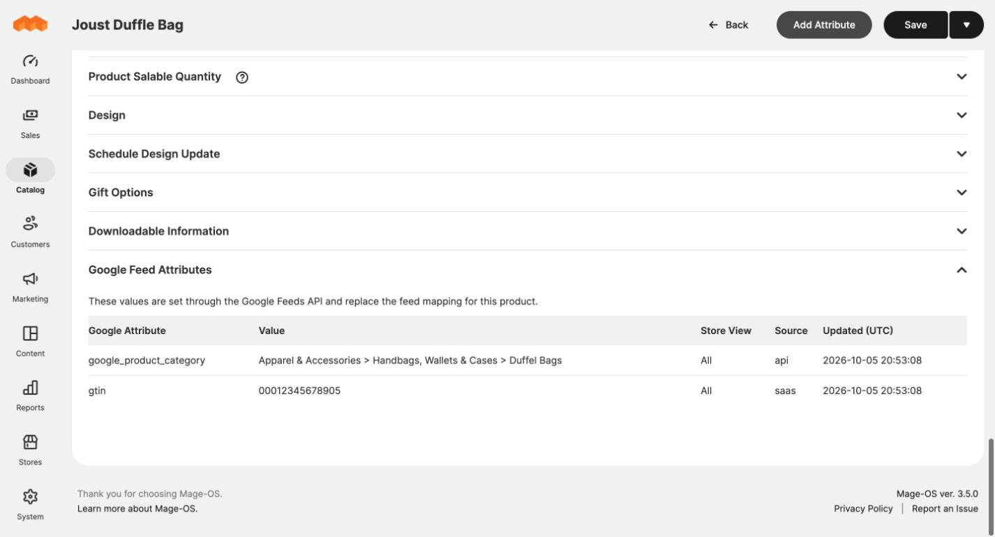 Google Feed Attributes section on a product