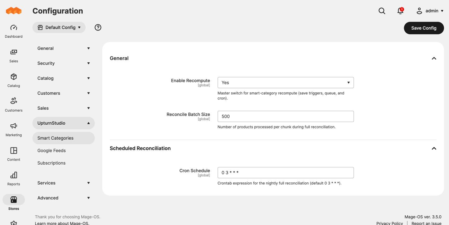 Smart Categories configuration screen in the Magento admin
