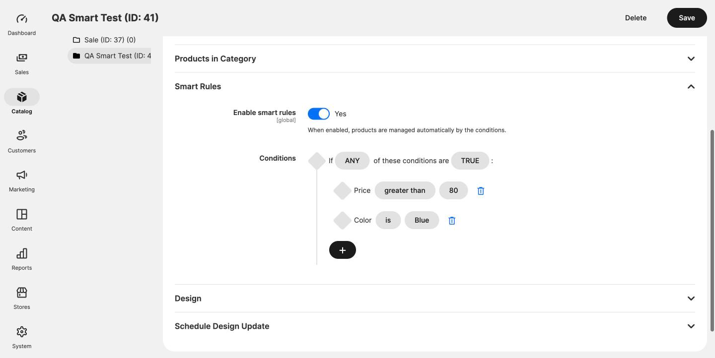 Smart Rules section on the Magento category form with a Price condition and a Color condition